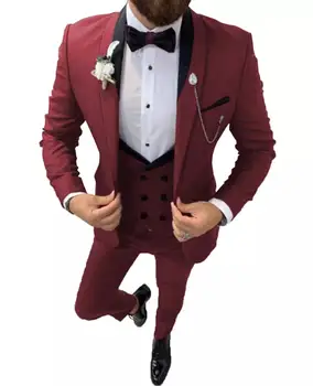 2022. Gadam, Modes Dizains Bordo Kāzu Tērpi Vienu Pogu, Smēķēšanas Jaka Slim Fit Vīriešu Tuxedos Pasūtījuma Balles Tērps 3 Gabali Komplekts